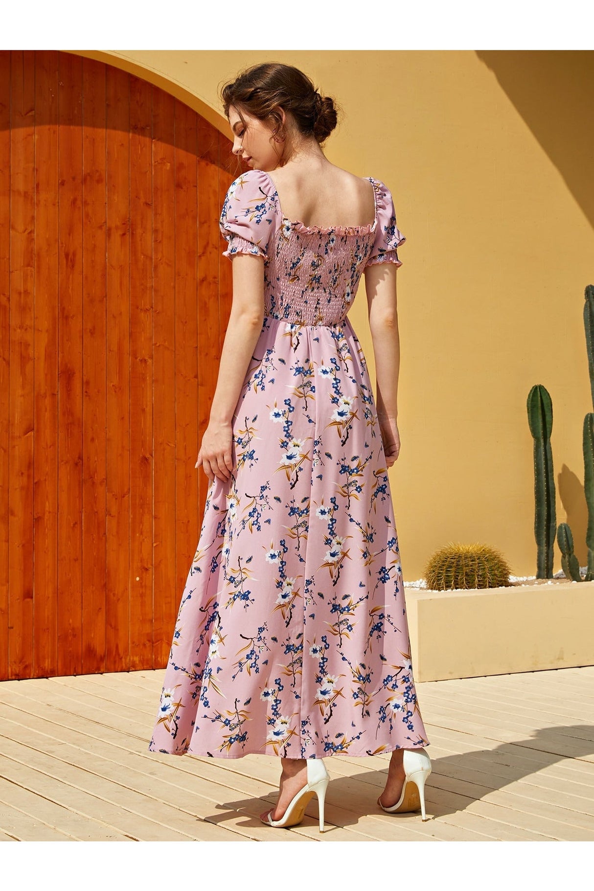 Buy Shein Floral Square Neck Shirred A-line Dress - Medium Dusty Pink in Pakistan