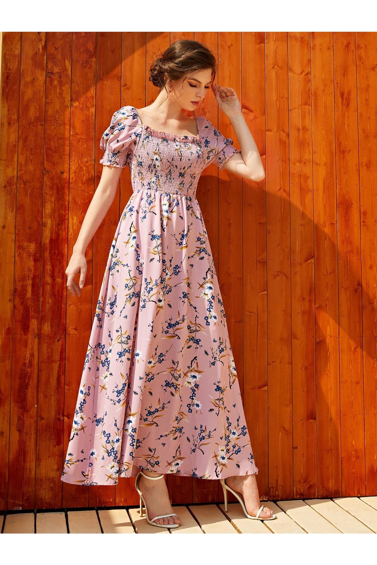 Buy Shein Floral Square Neck Shirred A-line Dress - Small Dusty Pink in Pakistan
