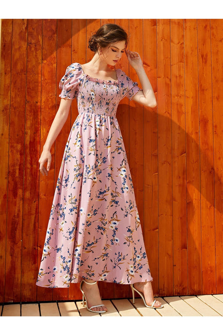 Buy Shein Floral Square Neck Shirred A-line Dress - Small Dusty Pink in Pakistan