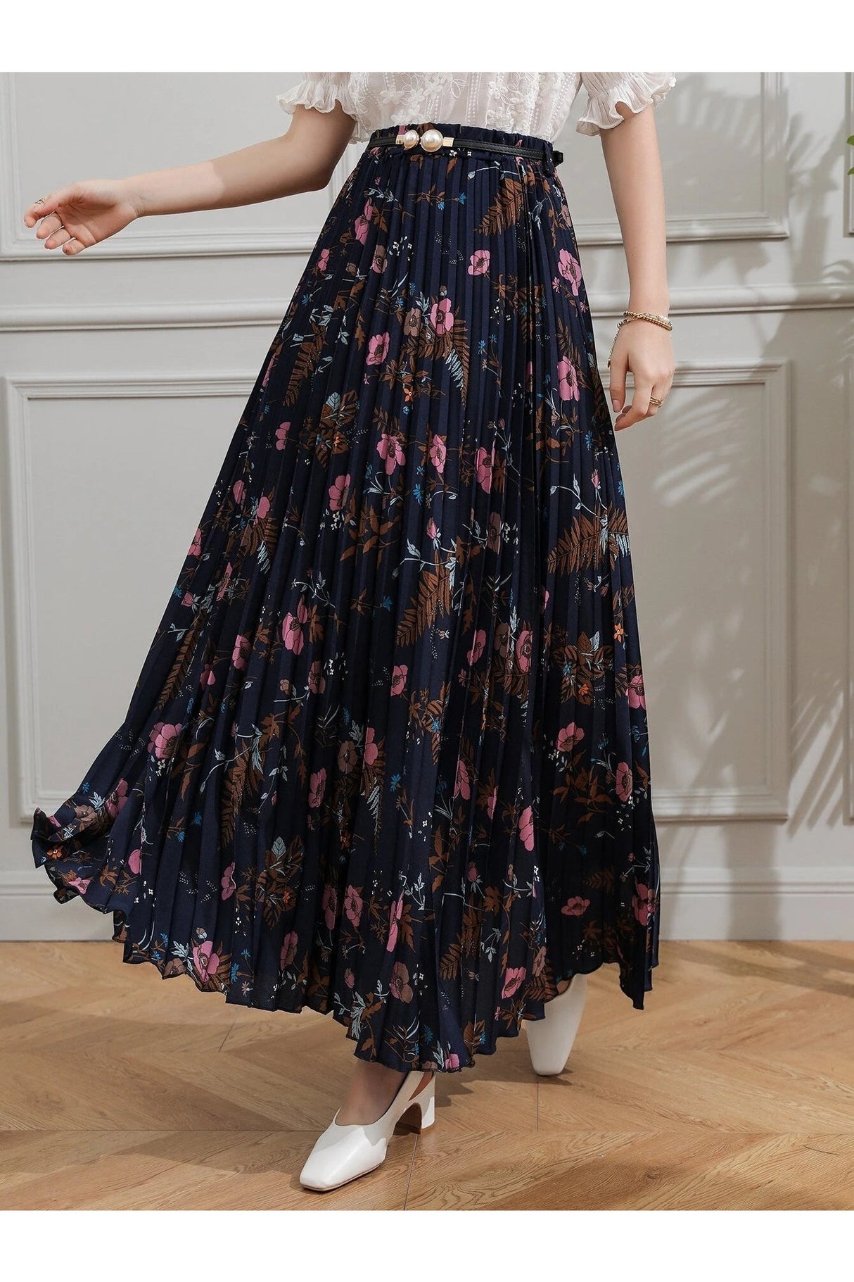 Buy Shein Allover Floral Belted Pleated Skirt - Small Navy Blue in Pakistan