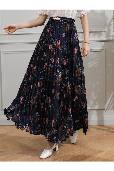 Buy Shein Allover Floral Belted Pleated Skirt - Small Navy Blue in Pakistan