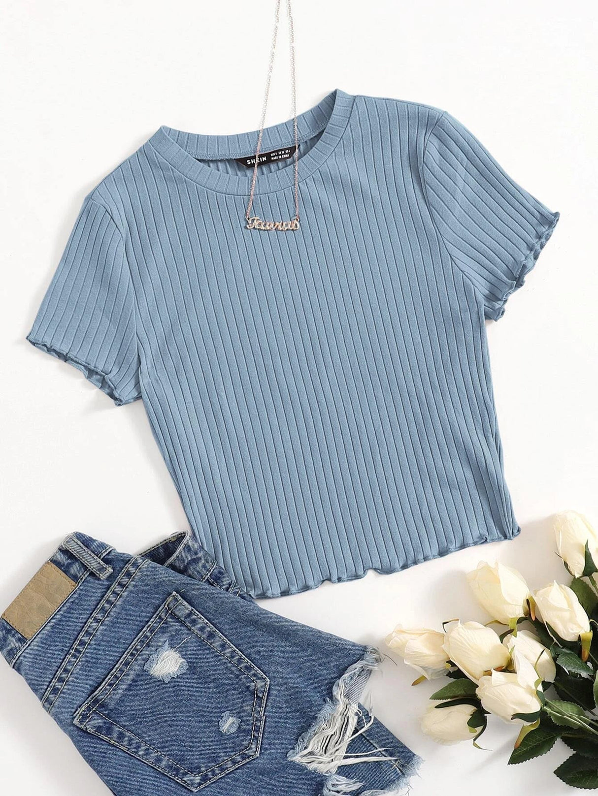 Buy SHEIN Qutie Solid Lettuce Trim Rib-knit Tee in Pakistan