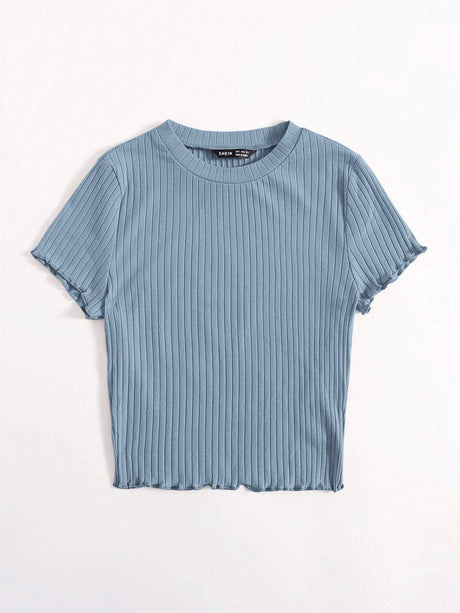 Buy SHEIN Qutie Solid Lettuce Trim Rib-knit Tee in Pakistan
