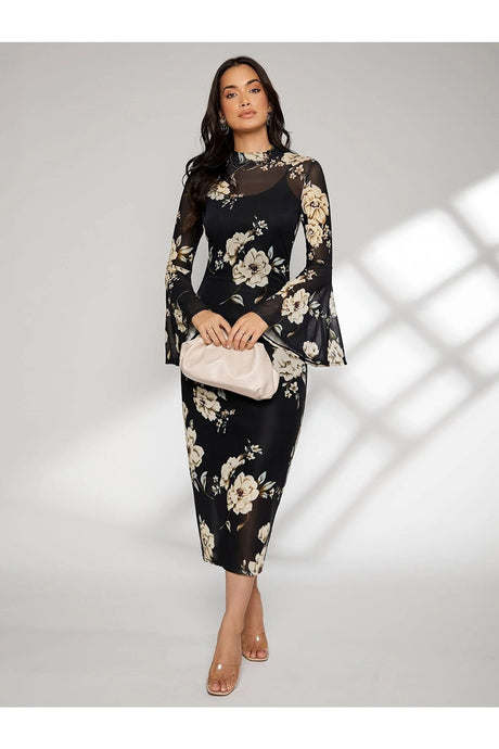 Buy SHEIN Floral Print Bell Sleeve Split Back Dress - Large Black in Pakistan