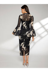 Buy SHEIN Floral Print Bell Sleeve Split Back Dress - Large Black in Pakistan