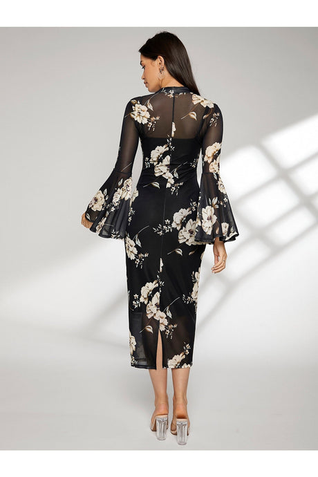 Buy SHEIN Floral Print Bell Sleeve Split Back Dress - Large Black in Pakistan