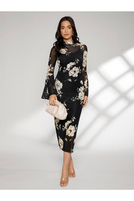 Buy SHEIN Floral Print Bell Sleeve Split Back Dress - Large Black in Pakistan