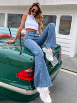 Buy SHEIN High-rise Raw Hem Flare Jeans in Pakistan