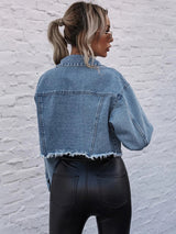Buy Shein Decorative Pocket Drop Shoulder Raw Hem Denim Jacket in Pakistan