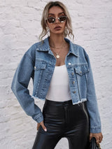 Buy Shein Decorative Pocket Drop Shoulder Raw Hem Denim Jacket in Pakistan