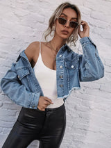 Buy Shein Decorative Pocket Drop Shoulder Raw Hem Denim Jacket in Pakistan