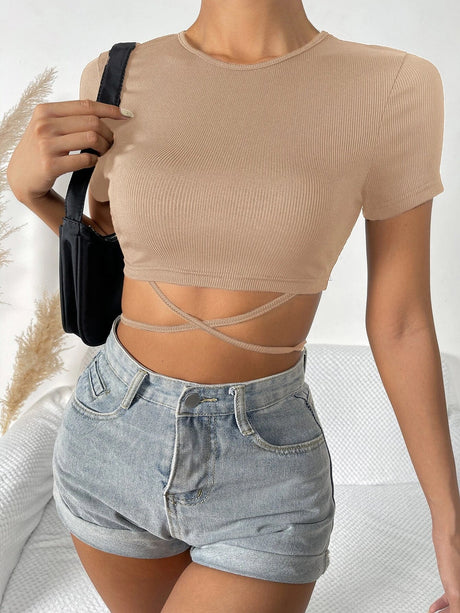 Buy Shein Solid Crisscross Tie Back Crop Tee in Pakistan