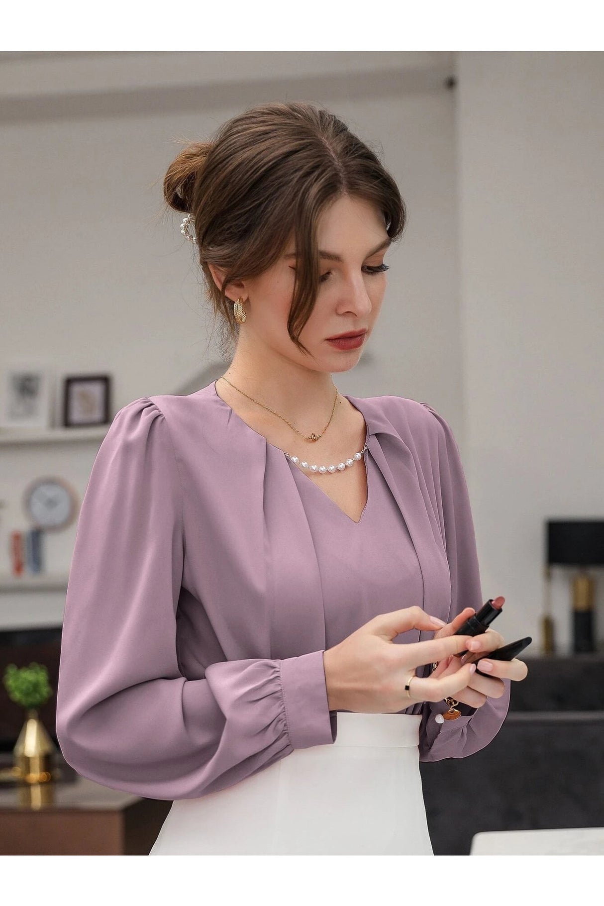 Buy SHEIN Puff Sleeve Solid Blouse in Pakistan