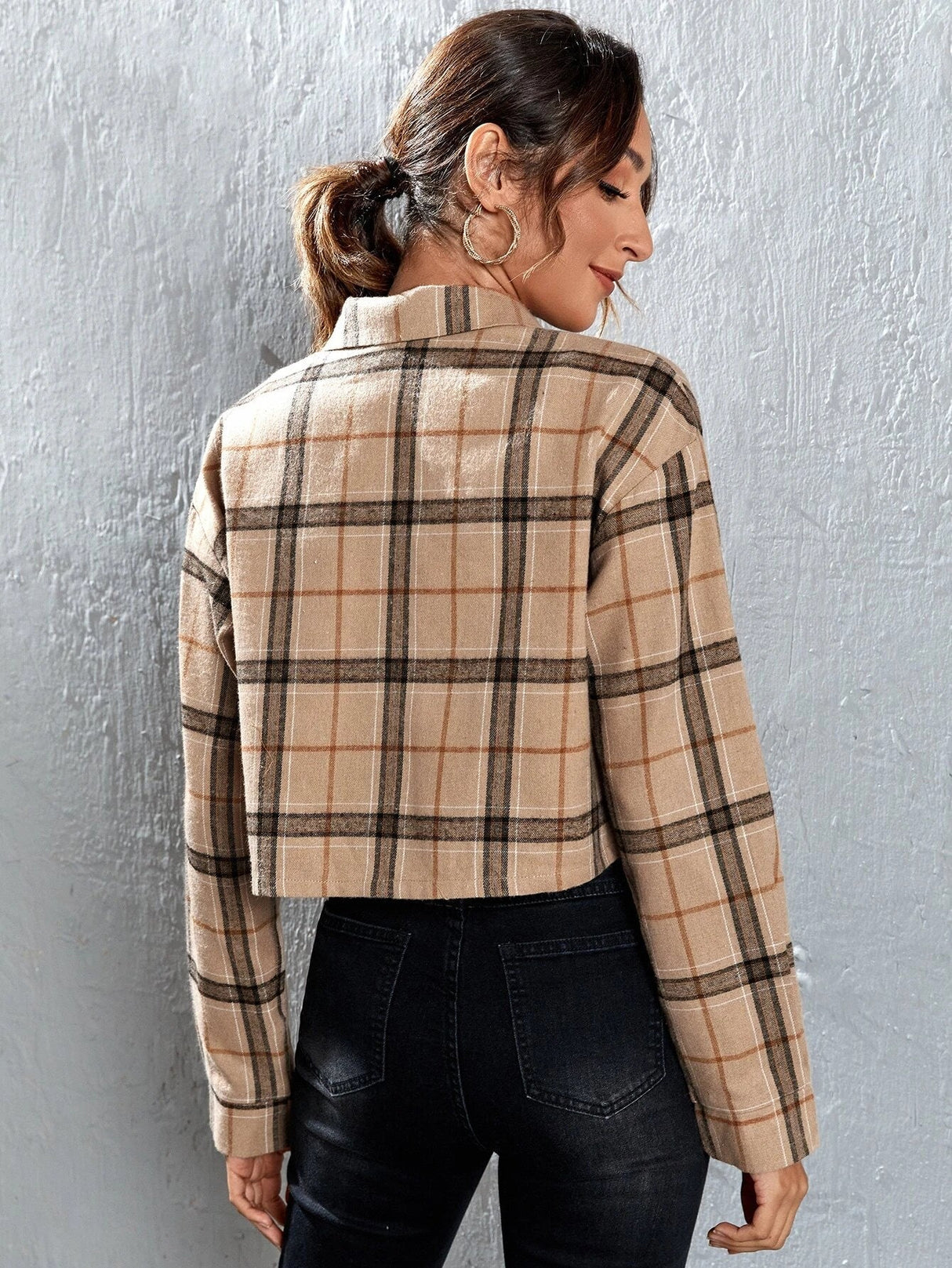 Buy SHEIN EZwear Plaid Patched Pocket Drop Shoulder Crop Shirt in Pakistan