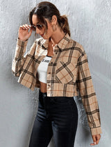 Buy Shein Ezwear Plaid Patched Pocket Drop Shoulder Crop Shirt in Pakistan