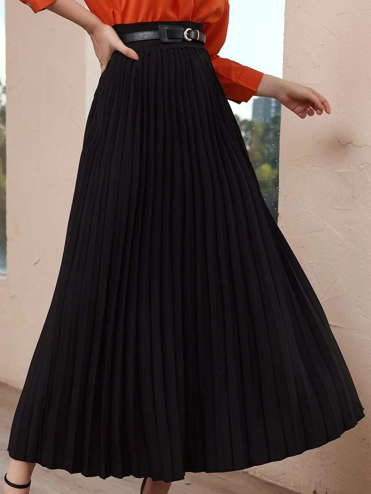 Buy Shein Modely Solid High Waist Belted Pleated Skirt in Pakistan