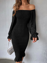 Buy SHEIN Off Shoulder Flounce Sleeve Ruffle Hem Shirred Chiffon Bodycon Dress in Pakistan