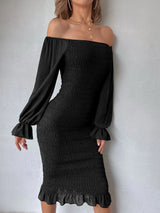 Buy SHEIN Off Shoulder Flounce Sleeve Ruffle Hem Shirred Chiffon Bodycon Dress in Pakistan