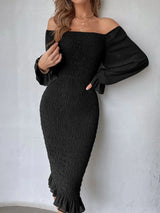 Buy SHEIN Off Shoulder Flounce Sleeve Ruffle Hem Shirred Chiffon Bodycon Dress in Pakistan