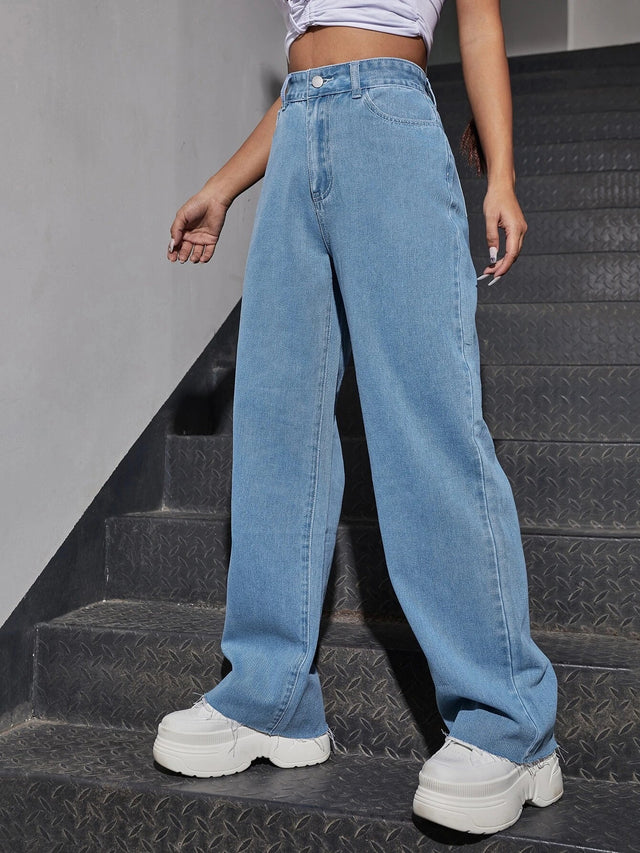 Buy Shein Fire Print Raw Hem Straight Leg Jeans in Pakistan