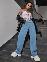 Buy Shein Fire Print Raw Hem Straight Leg Jeans in Pakistan