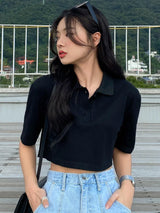 Buy SHEIN DAZY Solid Button Front Crop Tee in Pakistan