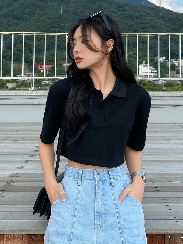 Buy SHEIN DAZY Solid Button Front Crop Tee in Pakistan