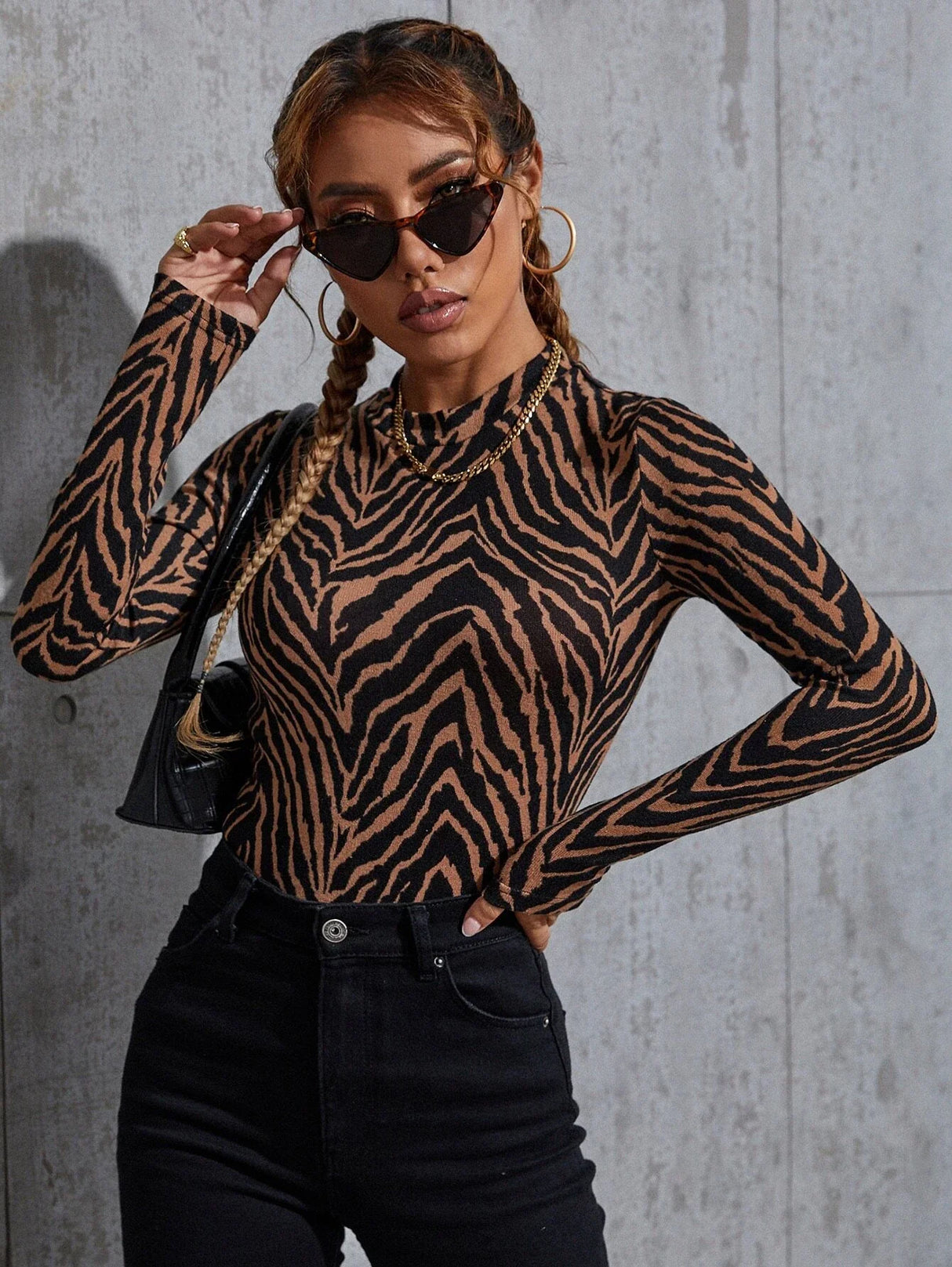 Buy SHEIN Zebra Striped Print Stand Neck T-Shirt in Pakistan