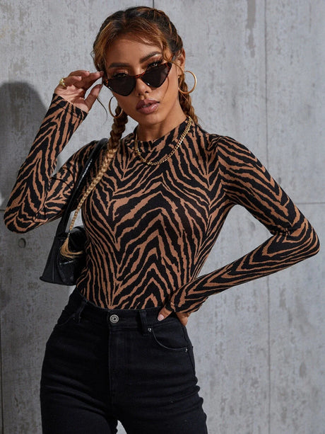 Buy SHEIN Zebra Striped Print Stand Neck T-Shirt in Pakistan
