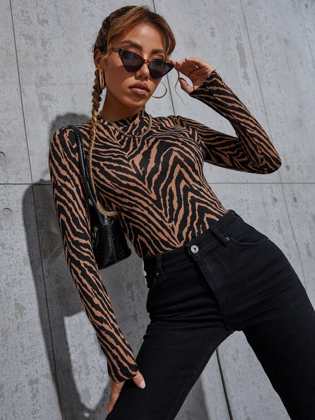 Buy SHEIN Zebra Striped Print Stand Neck T-Shirt in Pakistan