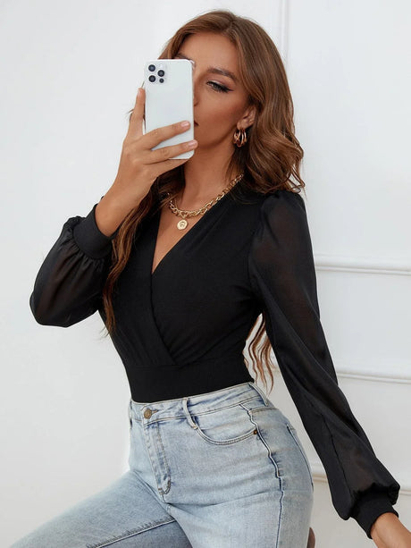 Buy SHEIN Contrast Mesh Puff Sleeve Bodysuit in Pakistan