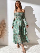 Buy SHEIN Mulvari Allover Floral Print Off The Shoulder Shirred Layered Hem Dress in Pakistan