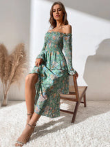 Buy SHEIN Mulvari Allover Floral Print Off The Shoulder Shirred Layered Hem Dress in Pakistan