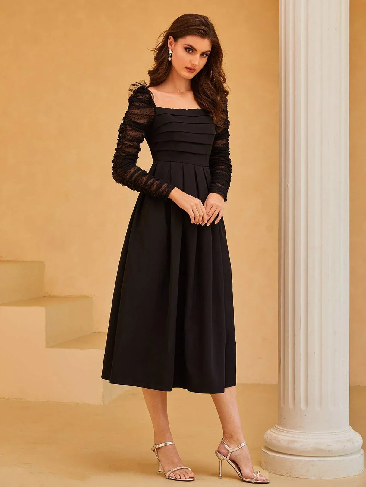 Buy SHEIN Dobby Mesh Panel Ruched Pleated Dress in Pakistan