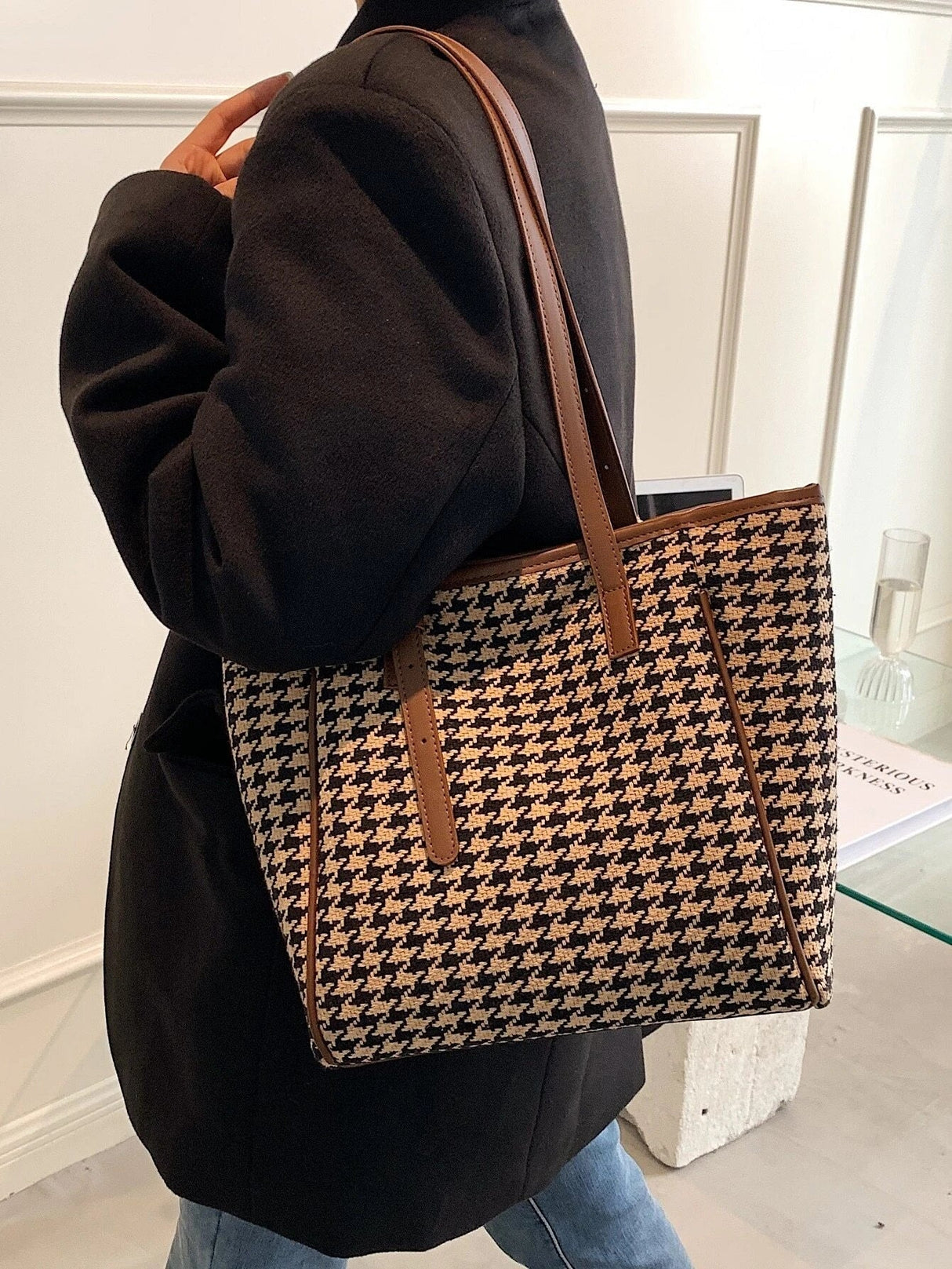 Buy SHEIN Houndstooth Knot Detail Shoulder Tote Bag in Pakistan