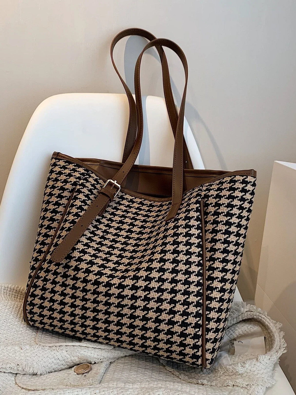 Buy Shein Houndstooth Knot Detail Shoulder Tote Bag in Pakistan