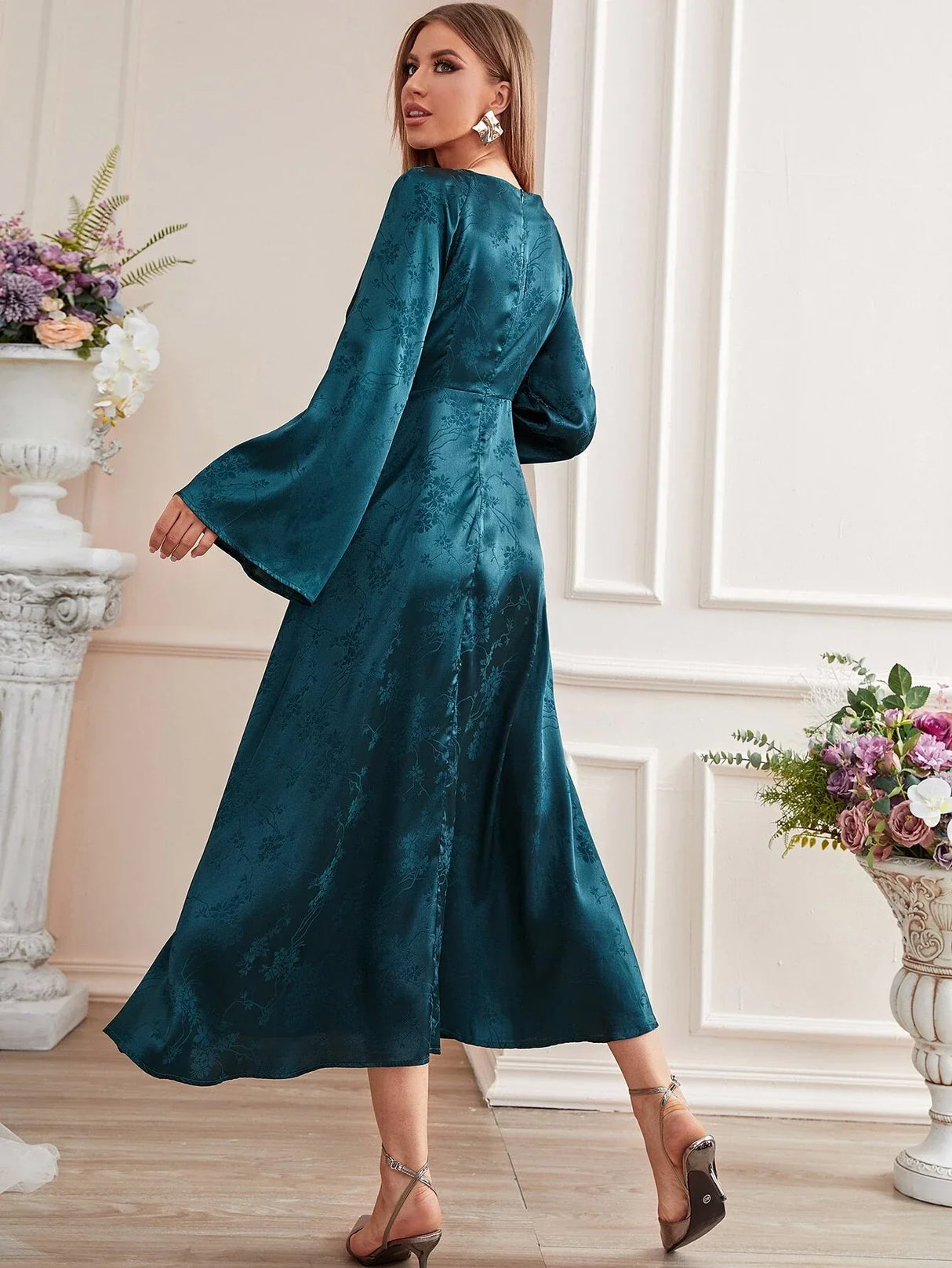 Buy SHEIN EMERY ROSE Jacquard Trumpet Sleeve Knot Front Dress in Pakistan