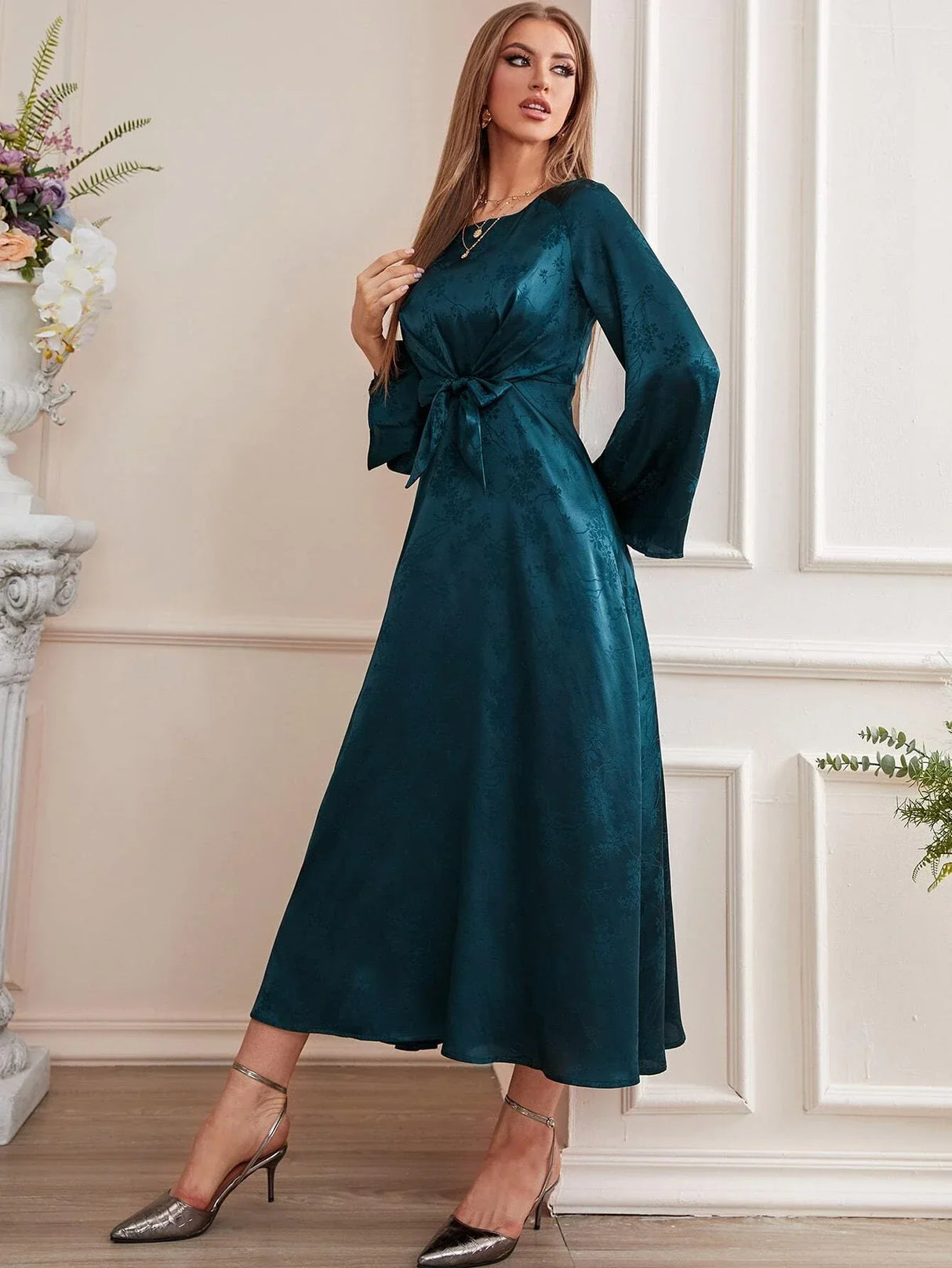Buy Shein Emery Rose Jacquard Trumpet Sleeve Knot Front Dress in Pakistan