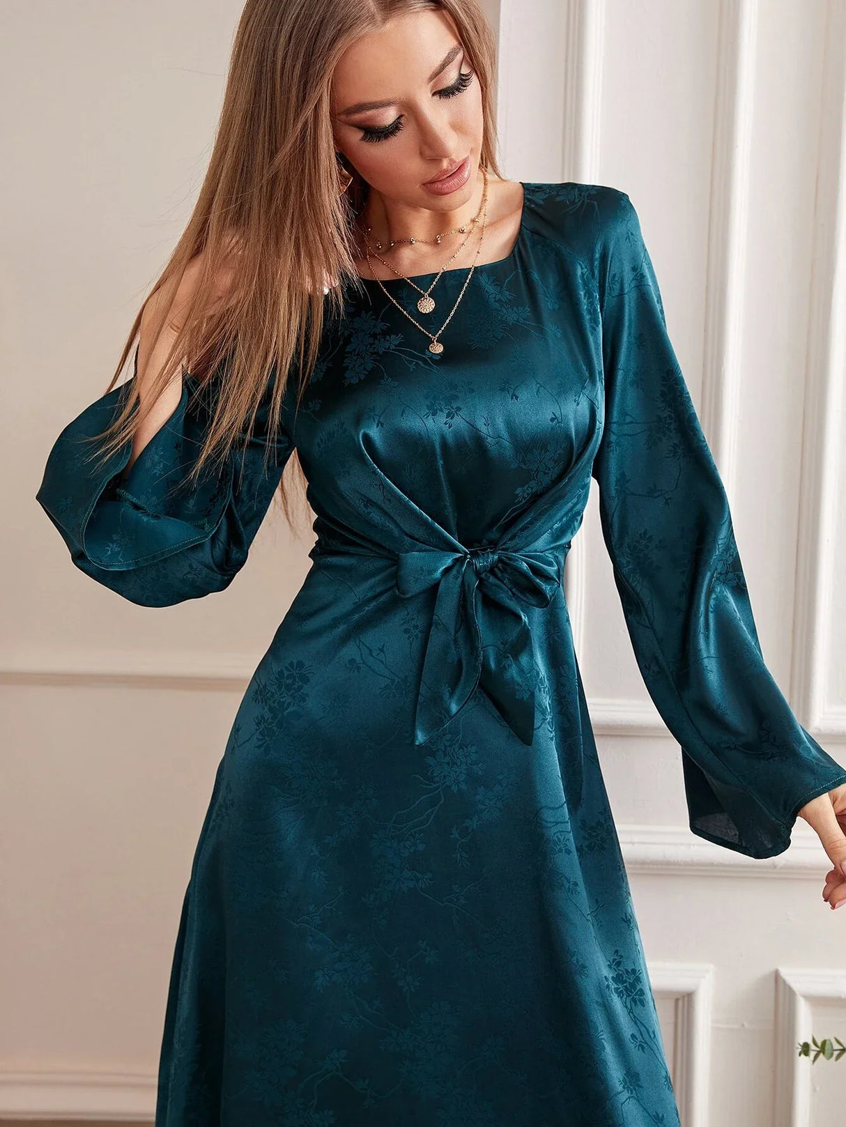 Buy Shein Emery Rose Jacquard Trumpet Sleeve Knot Front Dress in Pakistan
