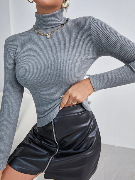 Buy Shein Solid High Neck Rib Knit Sweater in Pakistan