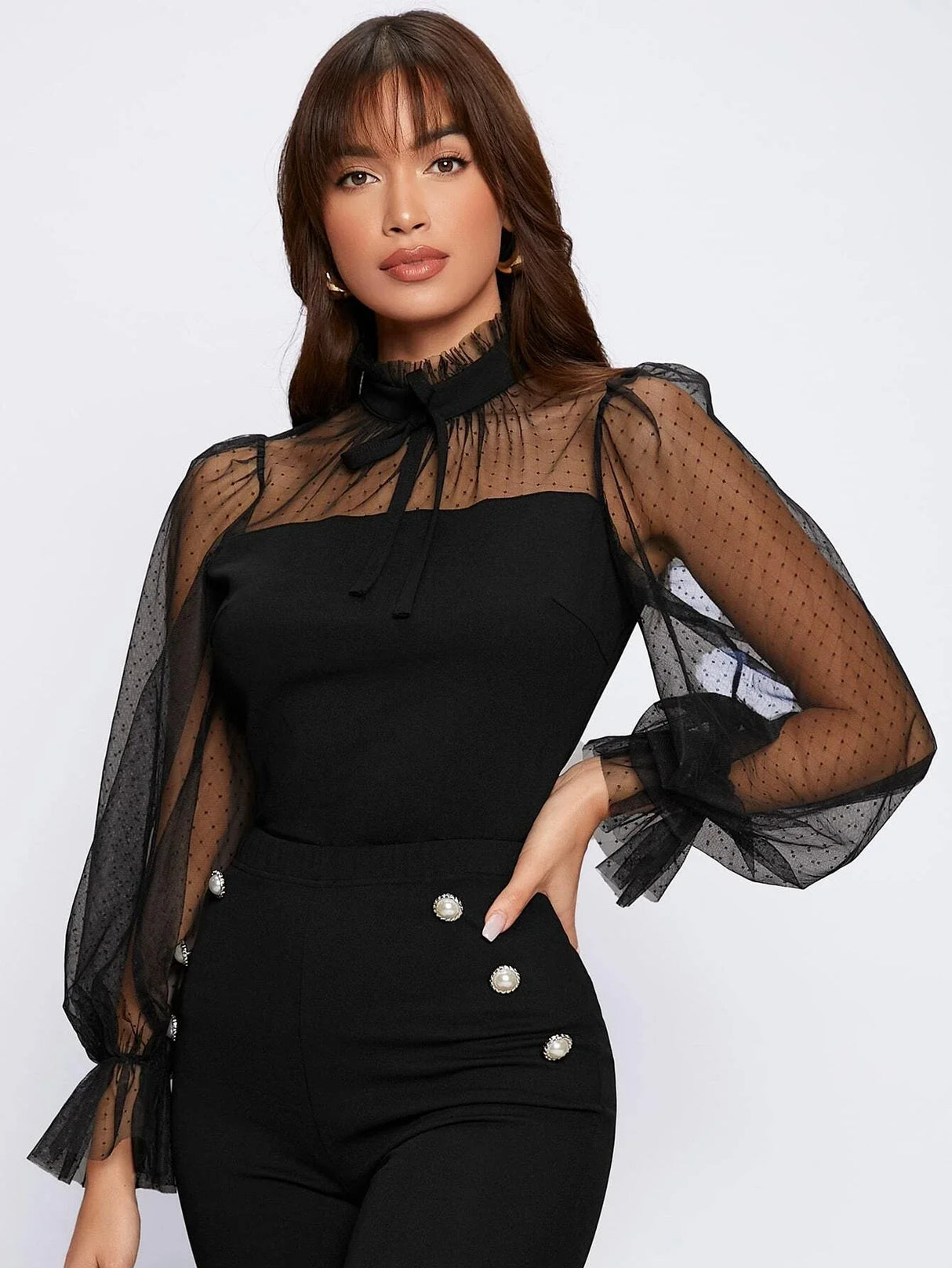 Buy SHEIN Dobby Mesh Flounce Sleeve Blouse in Pakistan