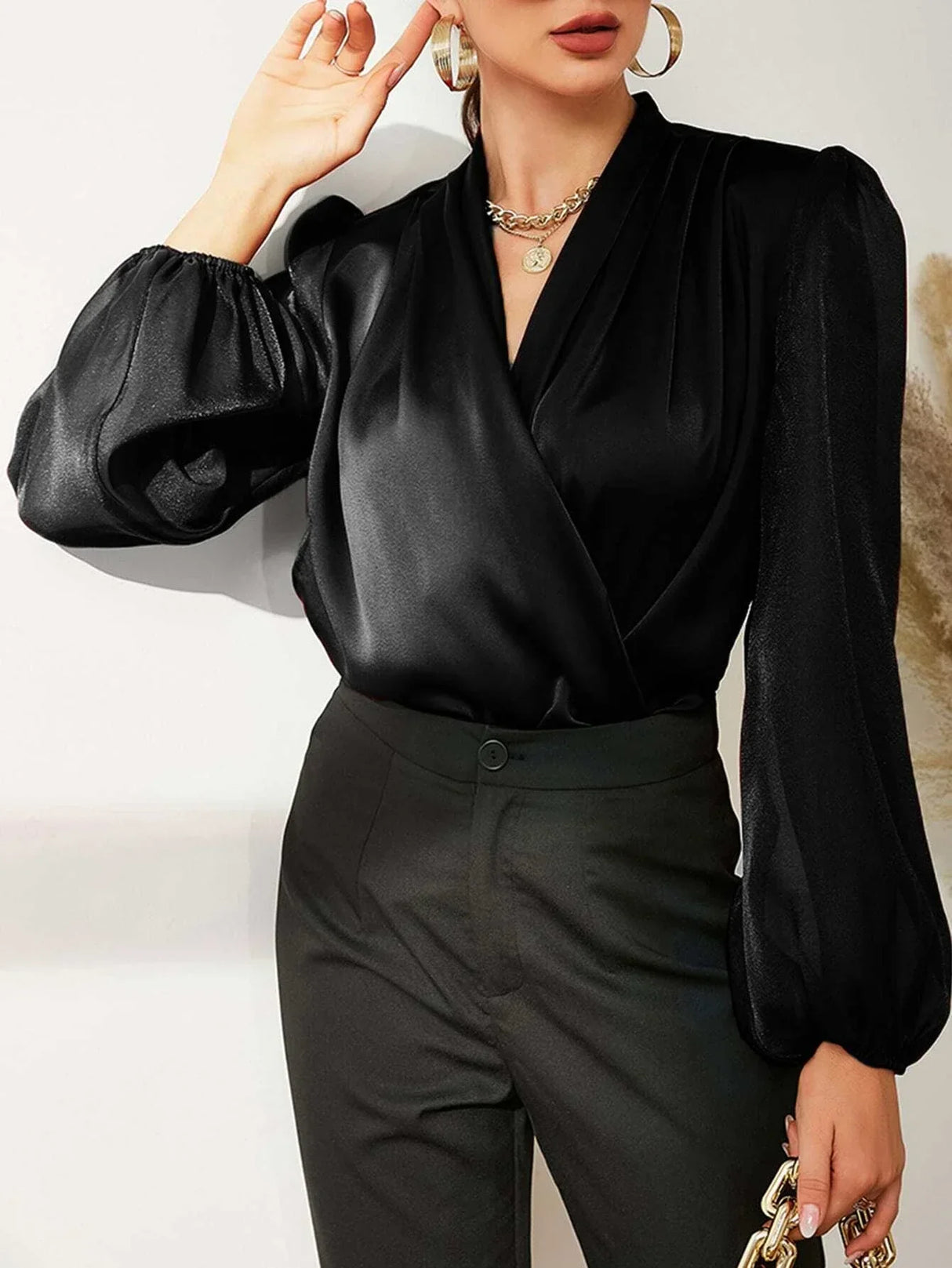 Buy SHEIN Modely Fold Pleated Lantern Sleeve Satin Blouse in Pakistan