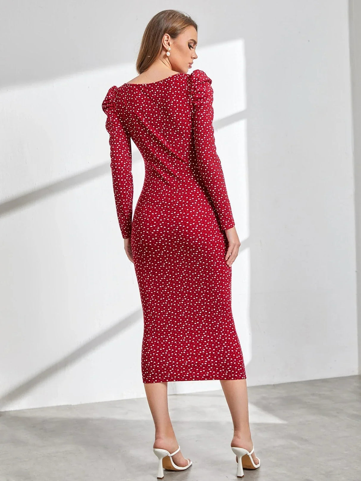 SHEIN Confetti Heart Print Gigot Sleeve Dress Without Belt – Bechlo.pk