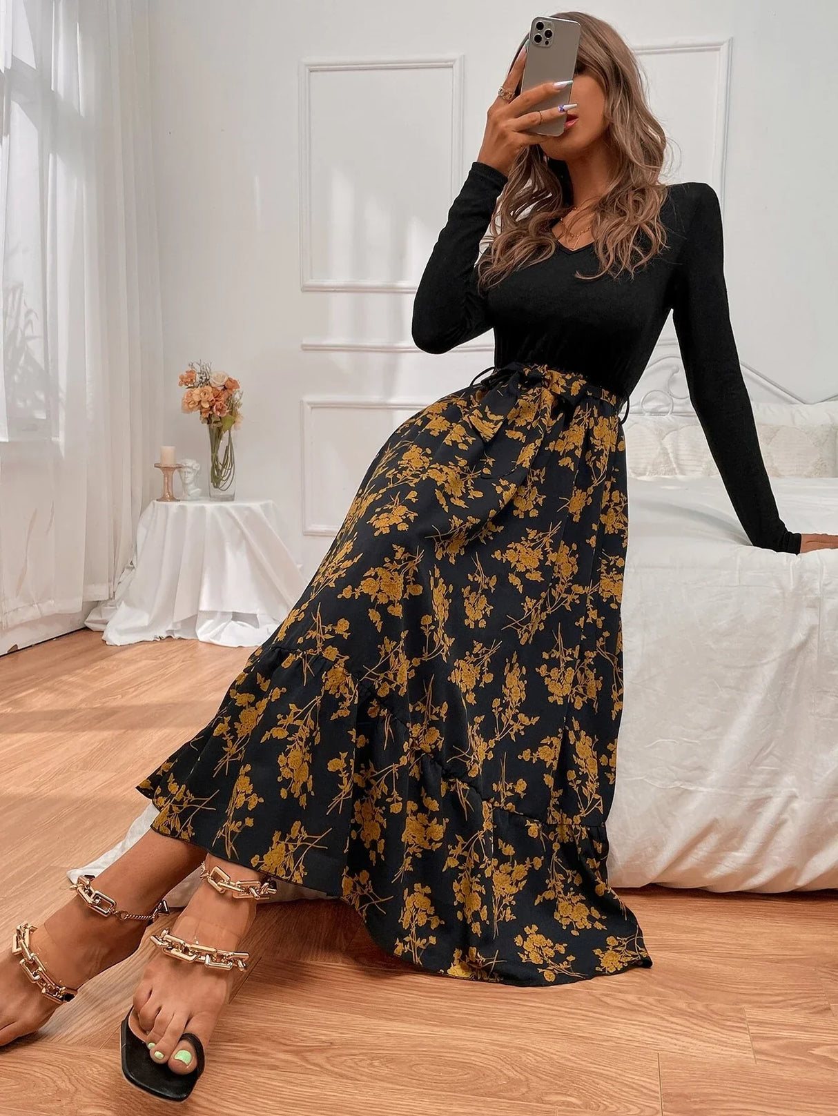 Buy SHEIN Floral Print Belted A-line Dress in Pakistan