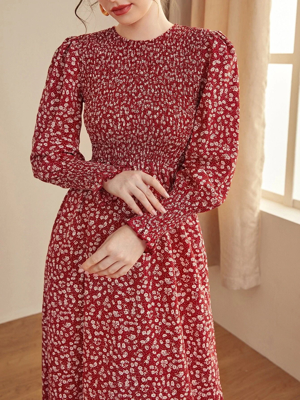 Buy SHEIN Mulvari Ditsy Floral Puff Sleeve Shirred A-line Dress in Pakistan
