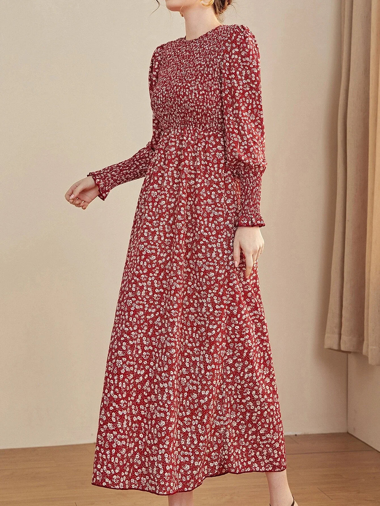 Buy Shein Mulvari Ditsy Floral Puff Sleeve Shirred A Line Dress in Pakistan