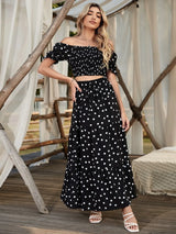Buy SHEIN VCAY Square Neck Allover Print Shirred Puff Sleeve Crop Top & Polka Dot Print Skirt in Pakistan
