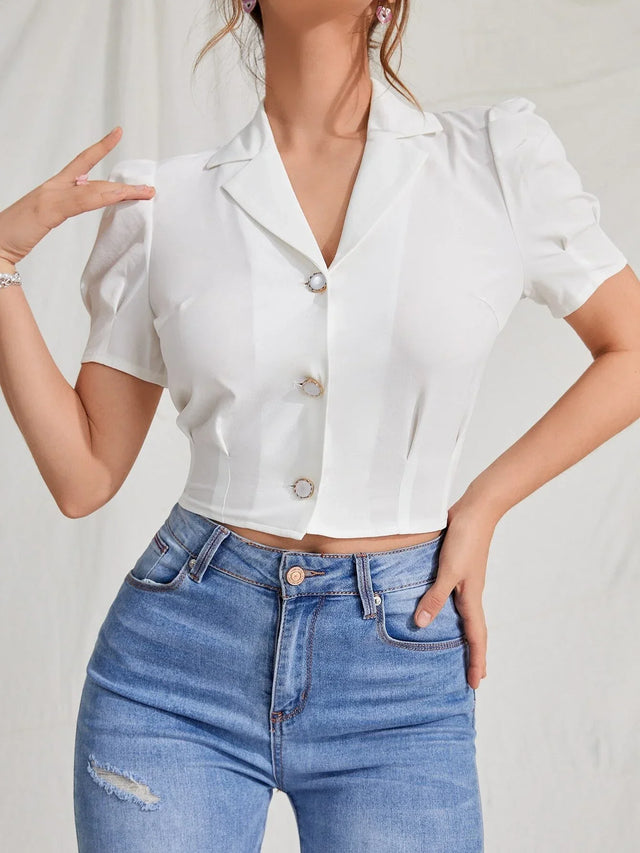 Buy SHEIN EZwear Lapel Collar Puff Sleeve Button Up Blouse in Pakistan