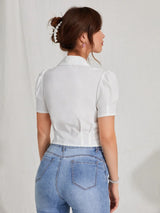 Buy SHEIN EZwear Lapel Collar Puff Sleeve Button Up Blouse in Pakistan