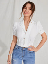 Buy SHEIN EZwear Lapel Collar Puff Sleeve Button Up Blouse in Pakistan